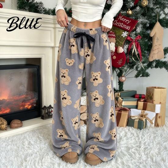 Bear Print Pajamas Women Plush Sleeping Pants Wide Leg Pajama Bottoms Pants Thickened Warm Lounge for Autumn Winter Home Wear Bottoms