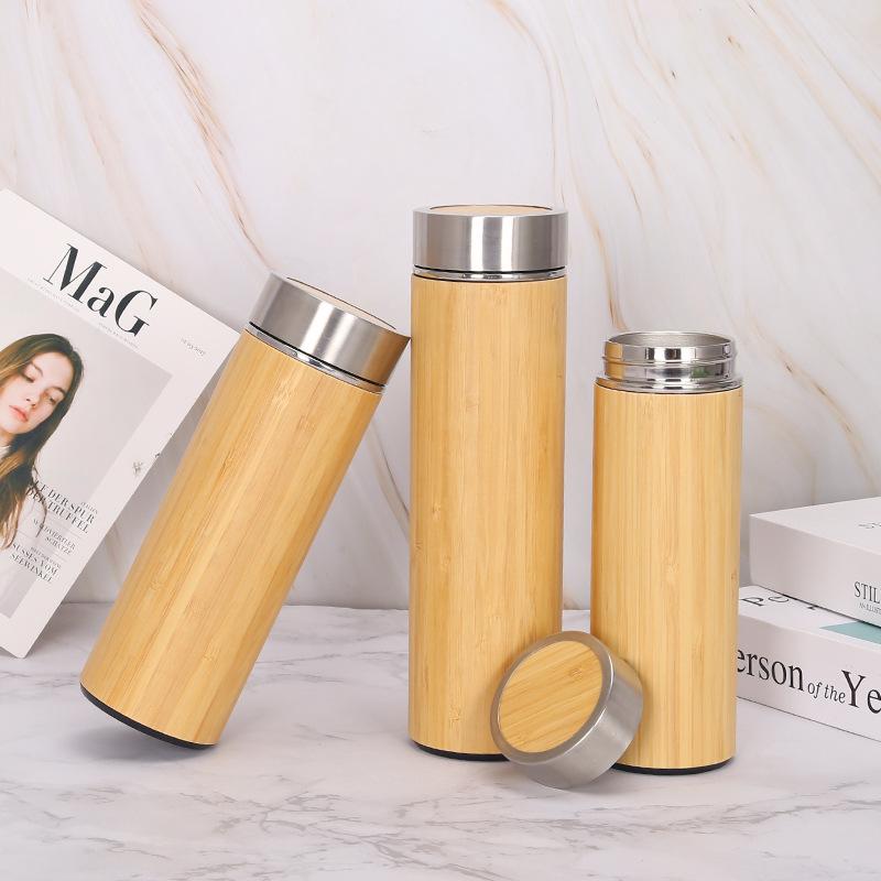 Double Wall Bamboo Insulated Thermos Vacuum Flask Coffee Mug Stainless Steel 15oz Bamboo Flask Tea Mug
