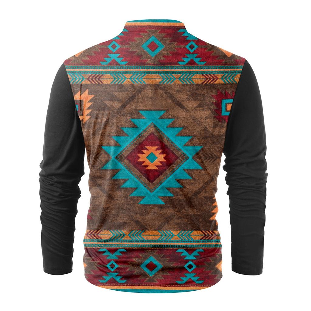Men's Fashion Casual Printed Long Sleeve Bandage Retro Shirt Top Blouse