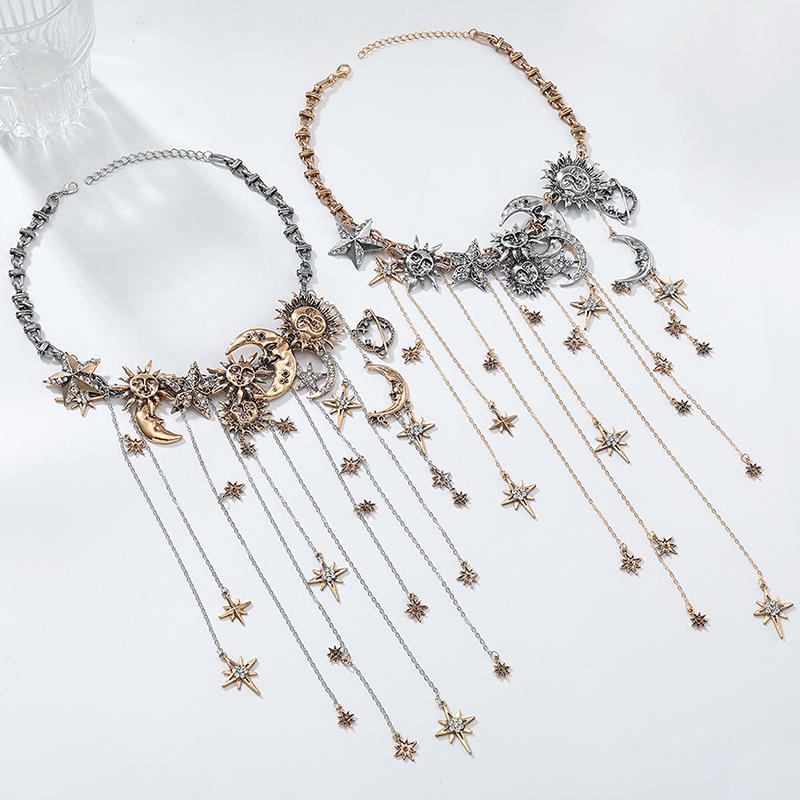 Exaggerated Multi-Layered Tassel Pendant Necklace With Moon Star Sun And Full Diamond Design For Women In Boho Style
