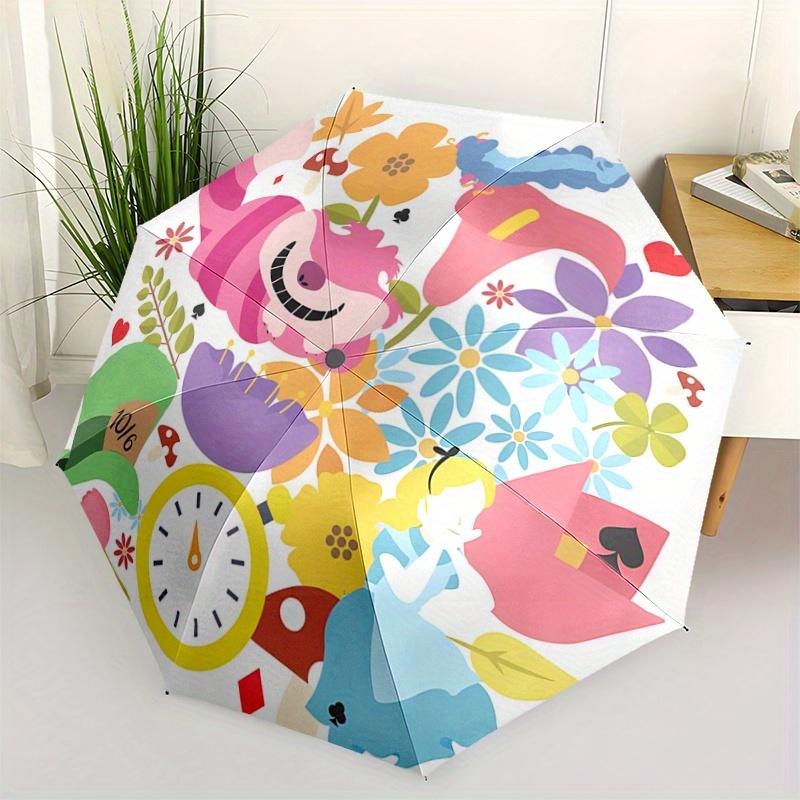 1pc Alice in Wonderland Automatic Opening/Closing Umbrella - Portable 3-Fold Design with 8-Bone Iron Frame, Outdoor, for Fans, Travelers, Da