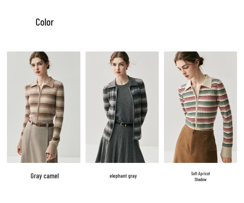 2025 Autumn/Winter Color Block Striped Slim-Fit Zip-Up Polo Cardigan Sweater