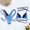 Women Solid Color Strappy V Neck Backless Two Piece Bikini Swimwear