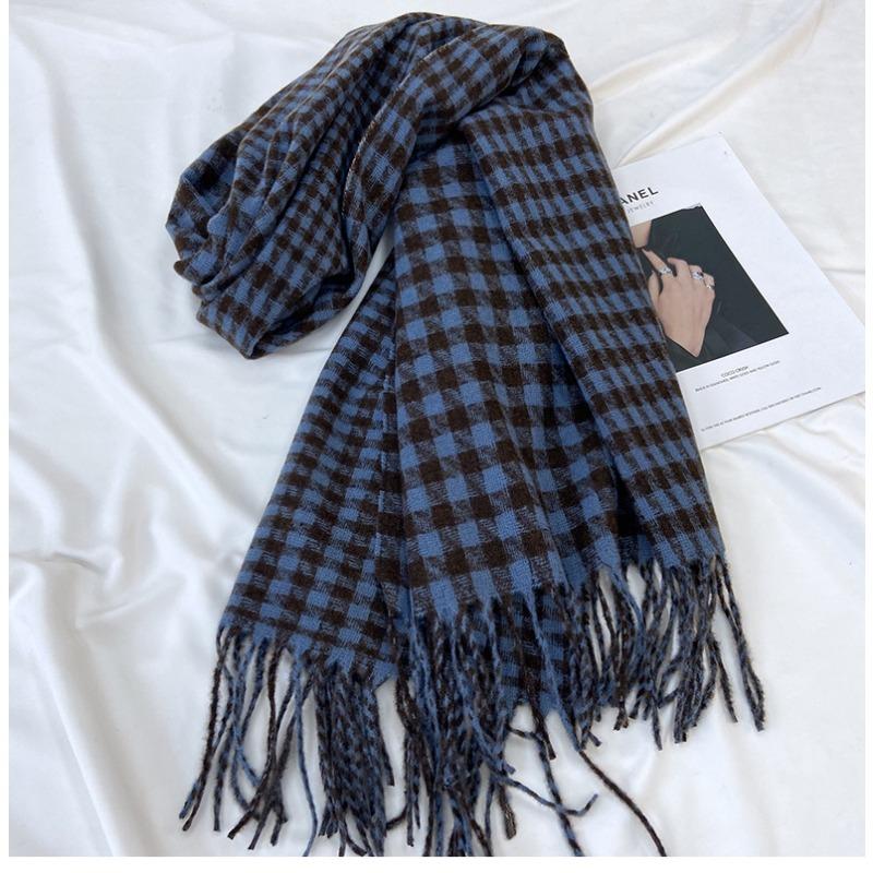 Scarf Women's Winter New Warm Retro Plaid Contrasting Color Thousand Bird Plaid Knitted Scarf Fringed Shawl