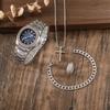 (Kein Kasten) Damen Mode Business Runde Stahluhr + Armband + Kreuz Halskette + Ring 4er Set Geschenk