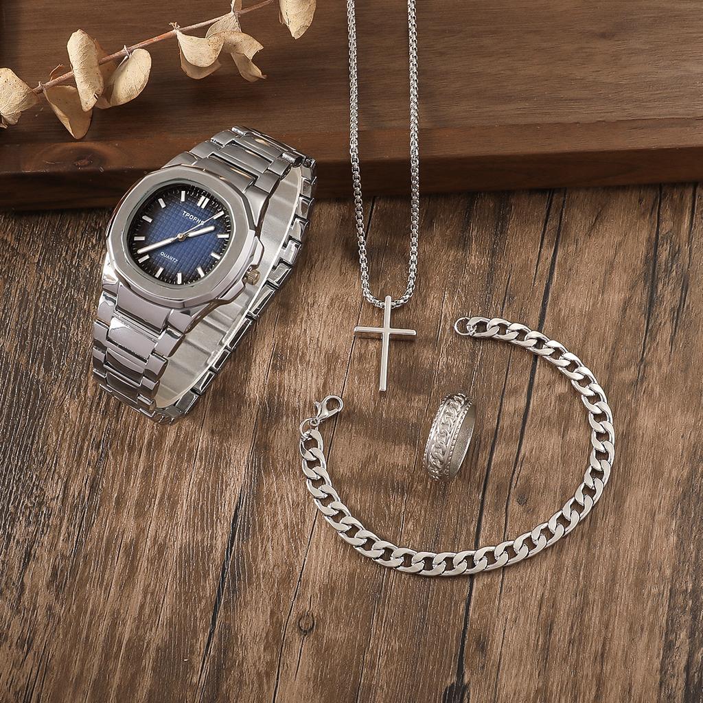 (Kein Kasten) Damen Mode Business Runde Stahluhr + Armband + Kreuz Halskette + Ring 4er Set Geschenk