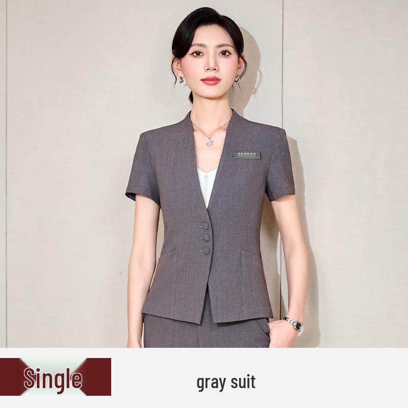 Women's Blue Short-Sleeve Professional Suit Set for Hotel Manager or Receptionist - Spring/Summer Formal Workwear