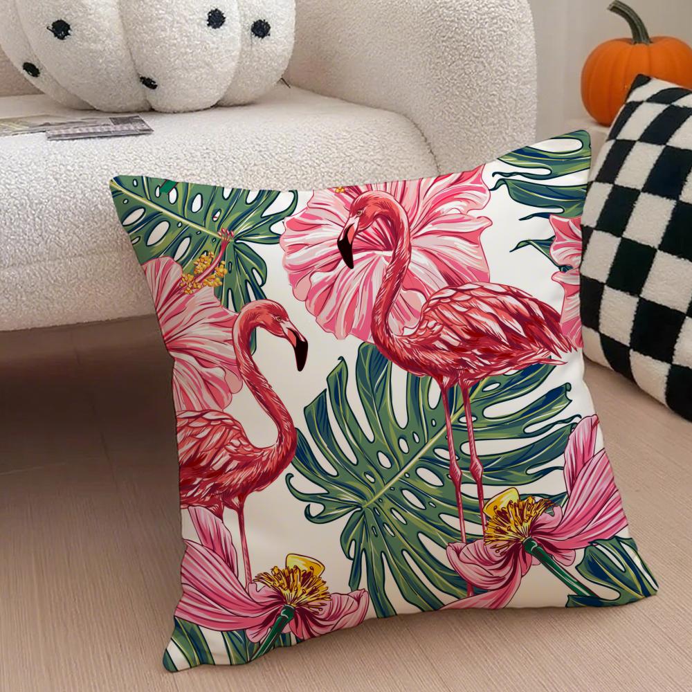 Forest Flamingo Palm Leaves Plant Pattern Art Cushion Cover Throw Pillow Cover Hidden Button Durable Polyester Chair Cushion