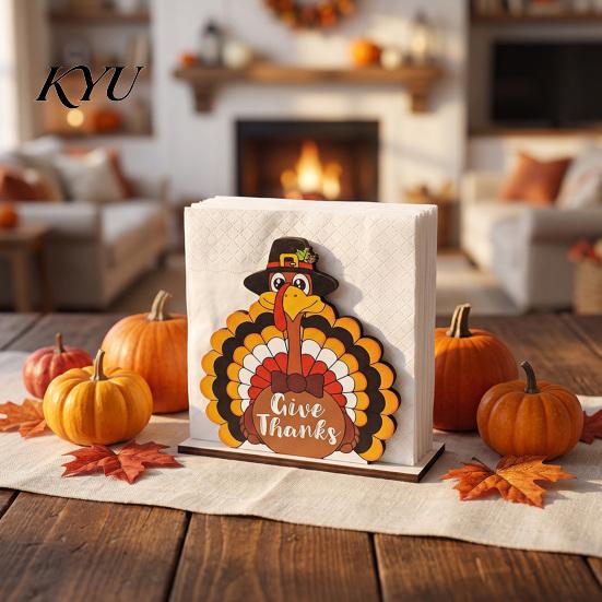 Rustic Thanksgiving Centerpiece Gnome Turkey Napkin Holder, Wooden Table Storage Rack, Shaped Tissue Organizer Autumn Holiday Tabletop Holder