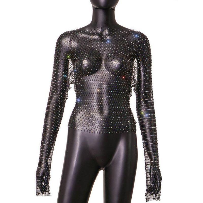 European and American Personalized Best Selling Women's Clothes Grid Rhinestone Fishnet Long Sleeves Sexy Silm Rhinestone Tops Party Sexy Long Sleeves