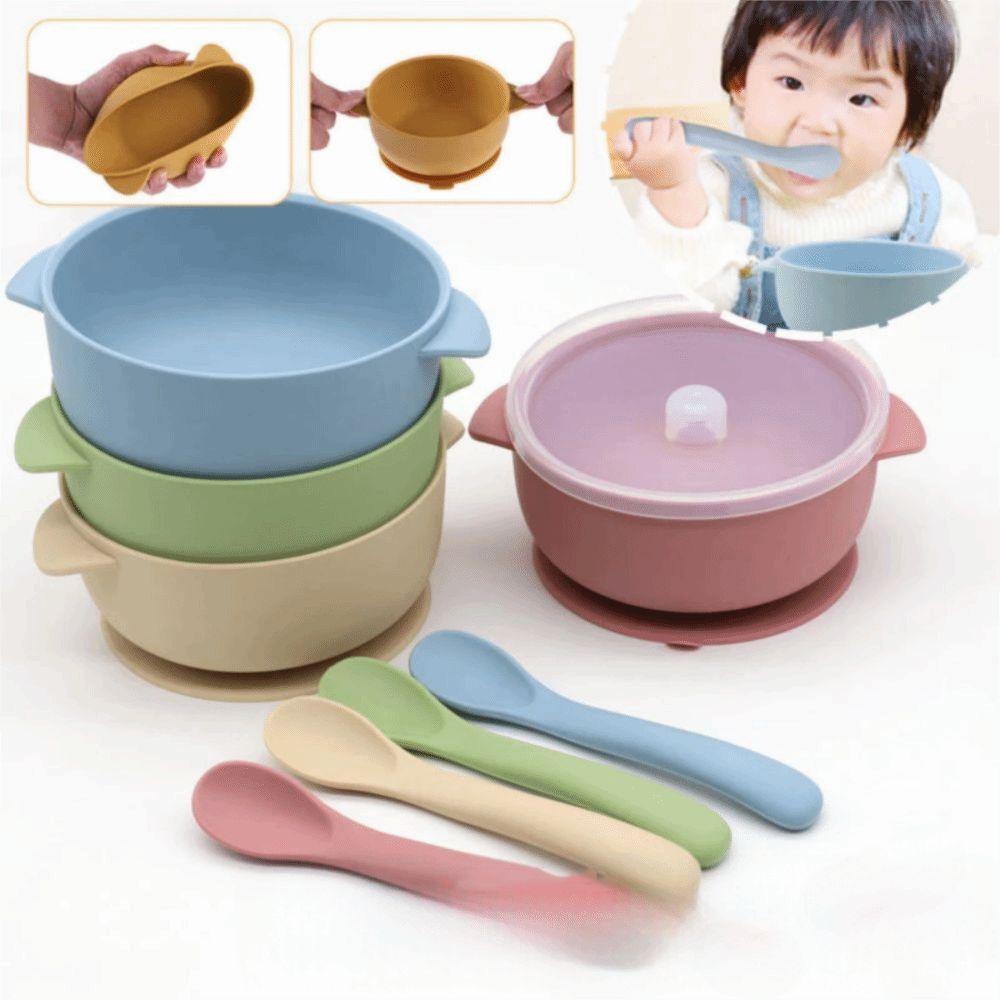 Durable Baby Silicone Suction Plate Bowl Lid Spoon Set Kids Feeding Tableware  Toddlers