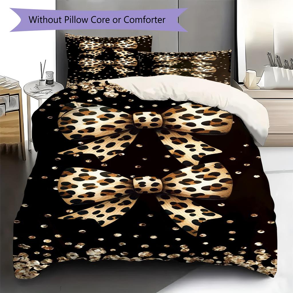 Leopard Bow Pattern Bedding Quilt Set Quilt Cover Pillowcase Home Decoration Gift (1 * duvet cover + 2 * pillowcase, without core)