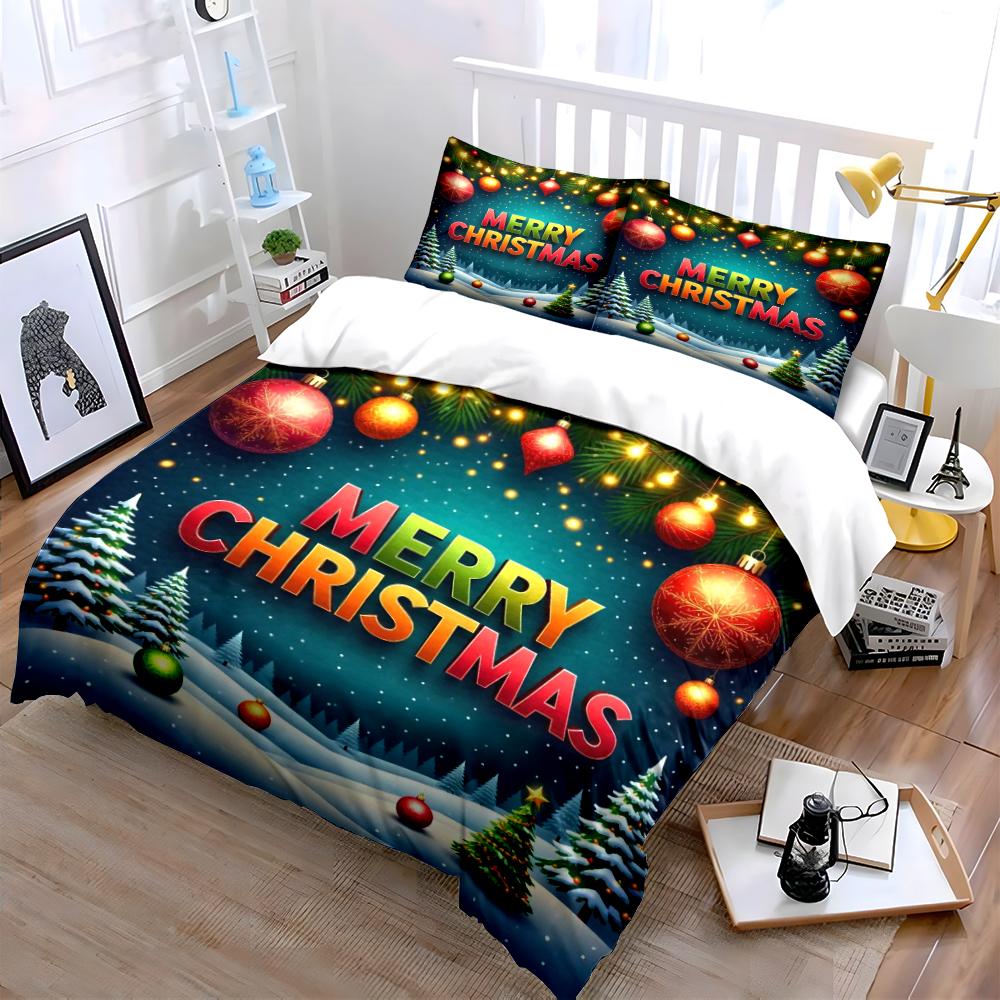 Christmas Tree and Ornaments Pattern Bedding Set (1 Duvet Cover, 2 Pillowcases, Duvet Not Included)