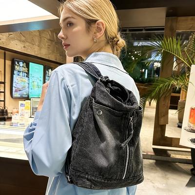 Mochila de Mezclilla Convertible a Bolso Cruzado para Mujer – Bolso de Hombro de Jeans Lavado Vintage para Viajes y Uso Diario, Mochila de Moda Casual con Cremallera