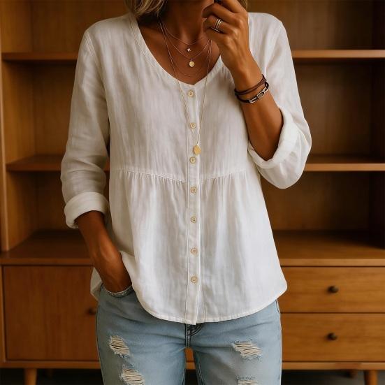 Women Shirt V-Neck Long Sleeve Buttons Placket Shirt Tops A-Line Silhouette Short Front Long Back Hem Casual Shirt