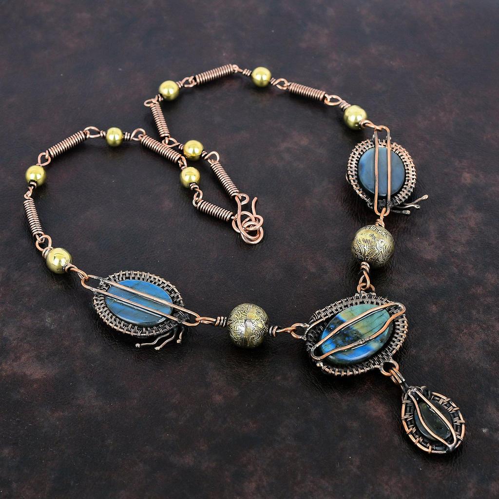 Labradorite Necklace Copper Wire Wrapped Necklace Real Gemstone Jewelry Adjustable Necklace Handmade Copper Wire Wrap Jewelry Wedding Gifts