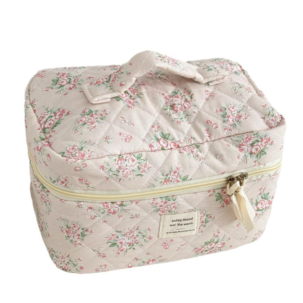 Floral Plaid Quilted Makeup Bag - Large Capacity, Portable Wash Bag