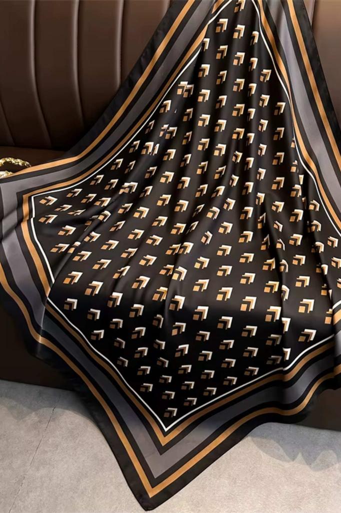 Black Scarf 90x90 with a Geometric Pattern in Shades of Beige and Caramel - Modern Elegance