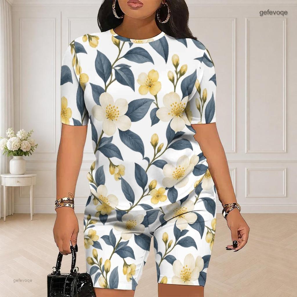 Women Plus Size Round Neck Short Sleeve White Lemon Printed Two Piece Shorts Set