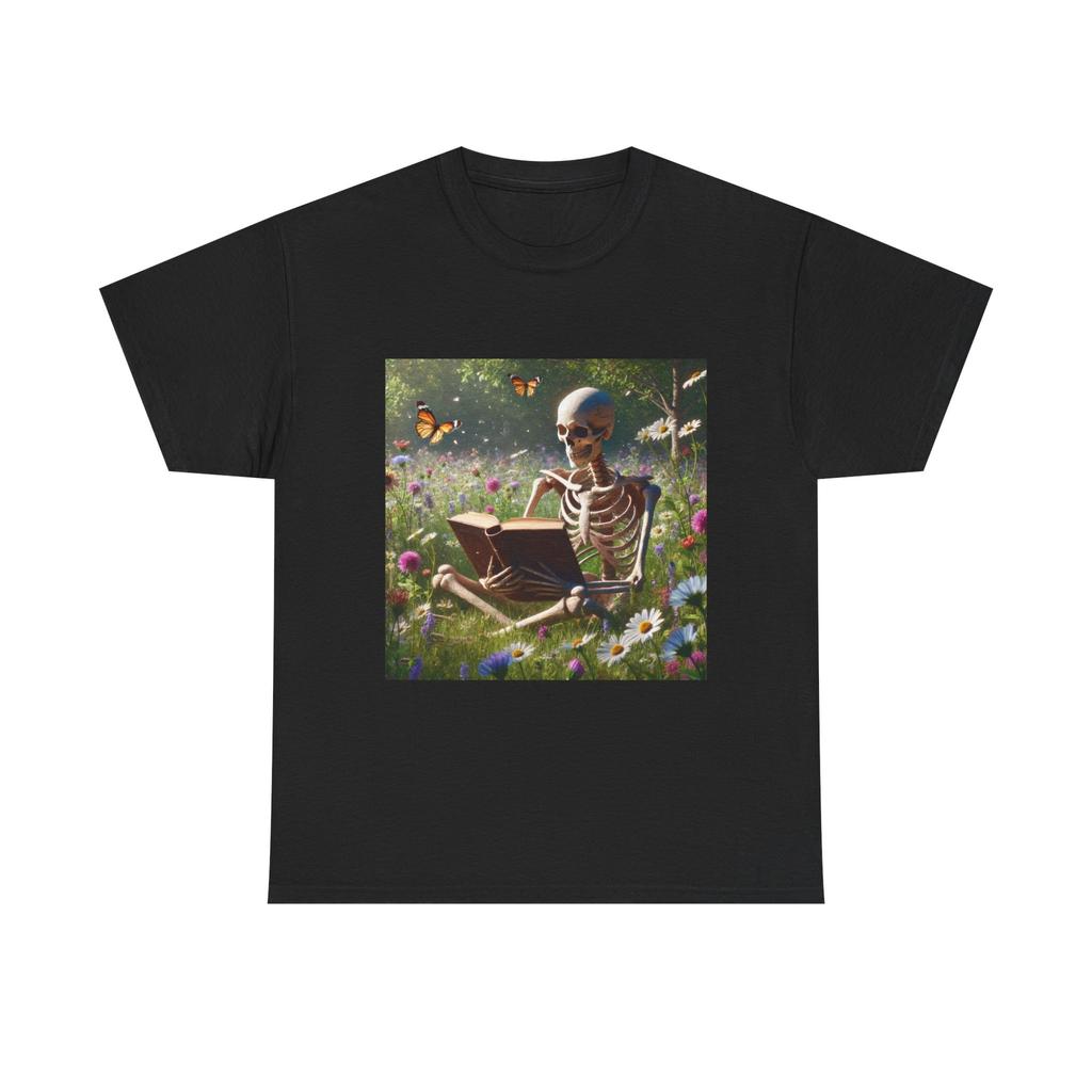 Skeleton Reading a Book T Shirt Spooky & Smart Literary Tee for Bookworms