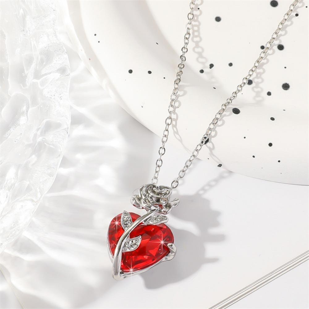 Cute Rose Decor Red Heart Shaped Pendant Necklace, Christmas Holiday Gift Birthday Gift For Teen Girls