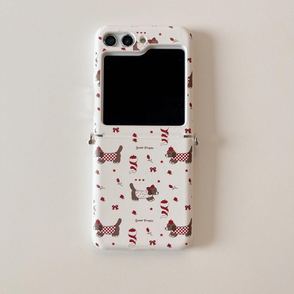 Cute Cartoon Dog Case For Samsung Galaxy Z Flip 6 5 4 3 5G Flip6 Flip5 Hinge Protection Lovely Pendant Leather Hand Strap Cover