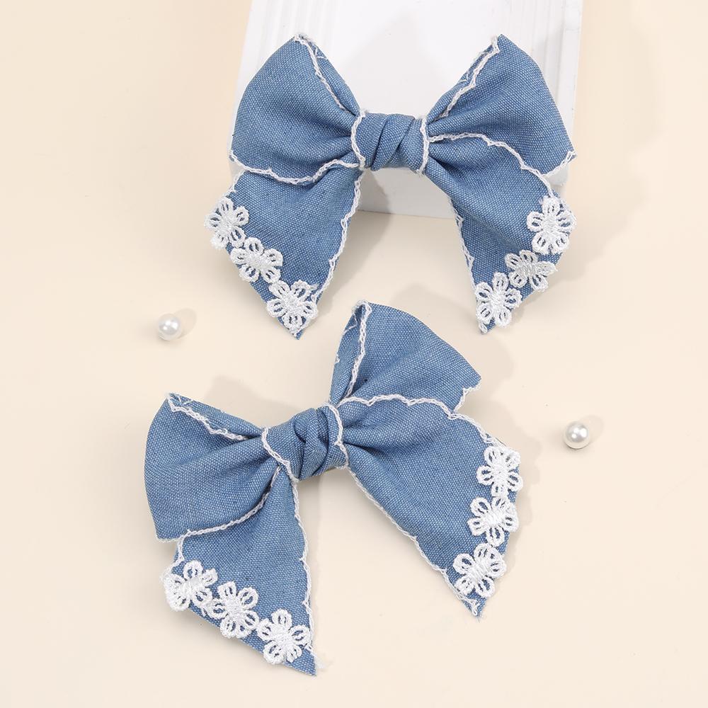 2Pcs Denim Flower Bow Hair Clips Sweet Cute Floral Embroidered Boho Bownot Hairpin For Girls Children Headwear Hair Accessories
