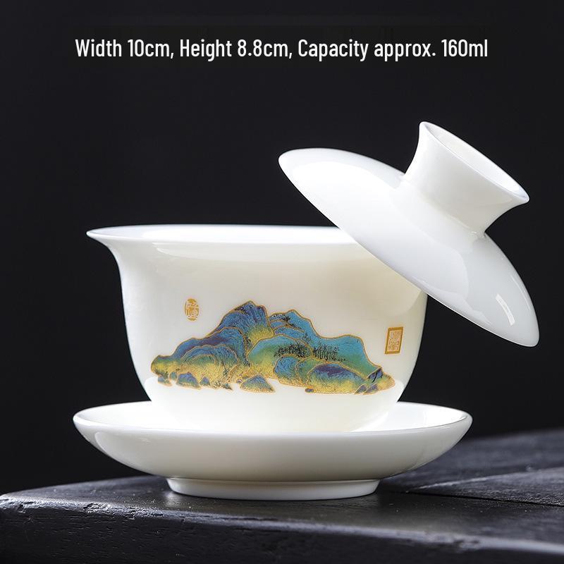 High-Grade Mutton Fat Jade Rotating Lid Bowl and White Porcelain Teapot Set