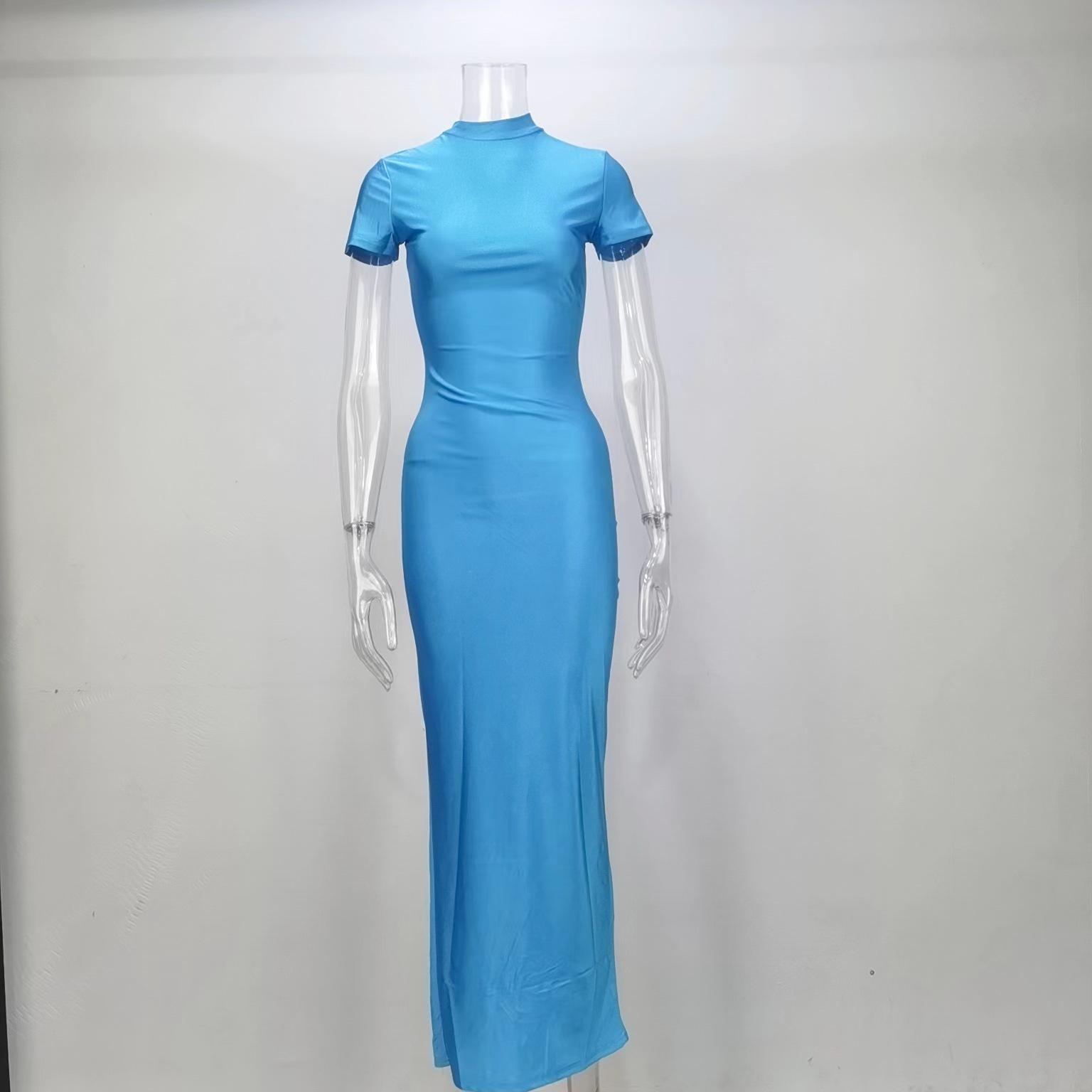 

Women s Summer Solid Color Slit Dress - Short-Sleeved Sexy Style