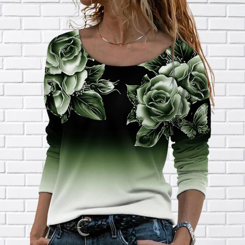 Kvinner Høst Topper Løs Katt Vakker Rose Print Årsak Langermet T-skjorte Topp Bluse