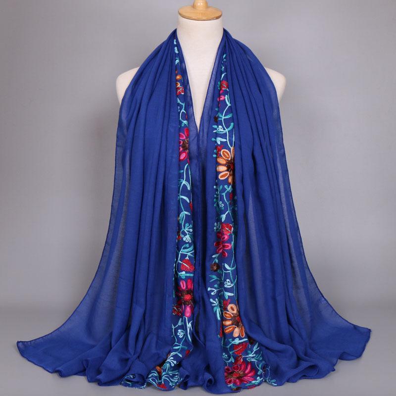 Autumn Fashion Embroider Viscose Scarf Women Plain Stitch Cotton Scarves Shawl Navy Blue Flower Sjaal Muslim Hijab Foulards