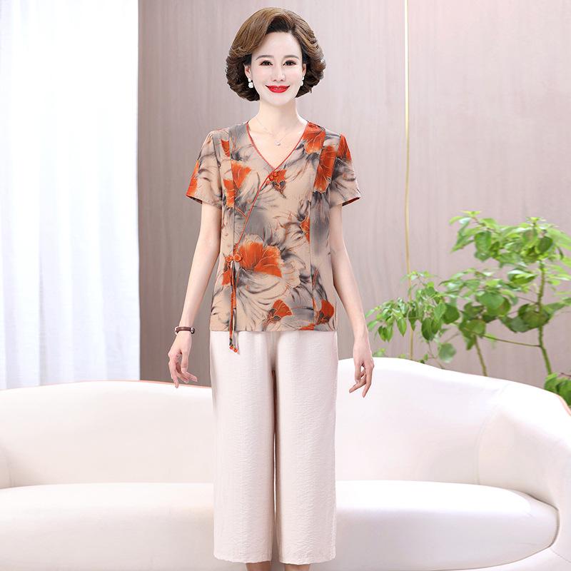 Women s Plus Size V-Neck Floral Print Chiffon Blouse - Summer Short-Sleeved Loose Fit, Chinese Style. 3XL