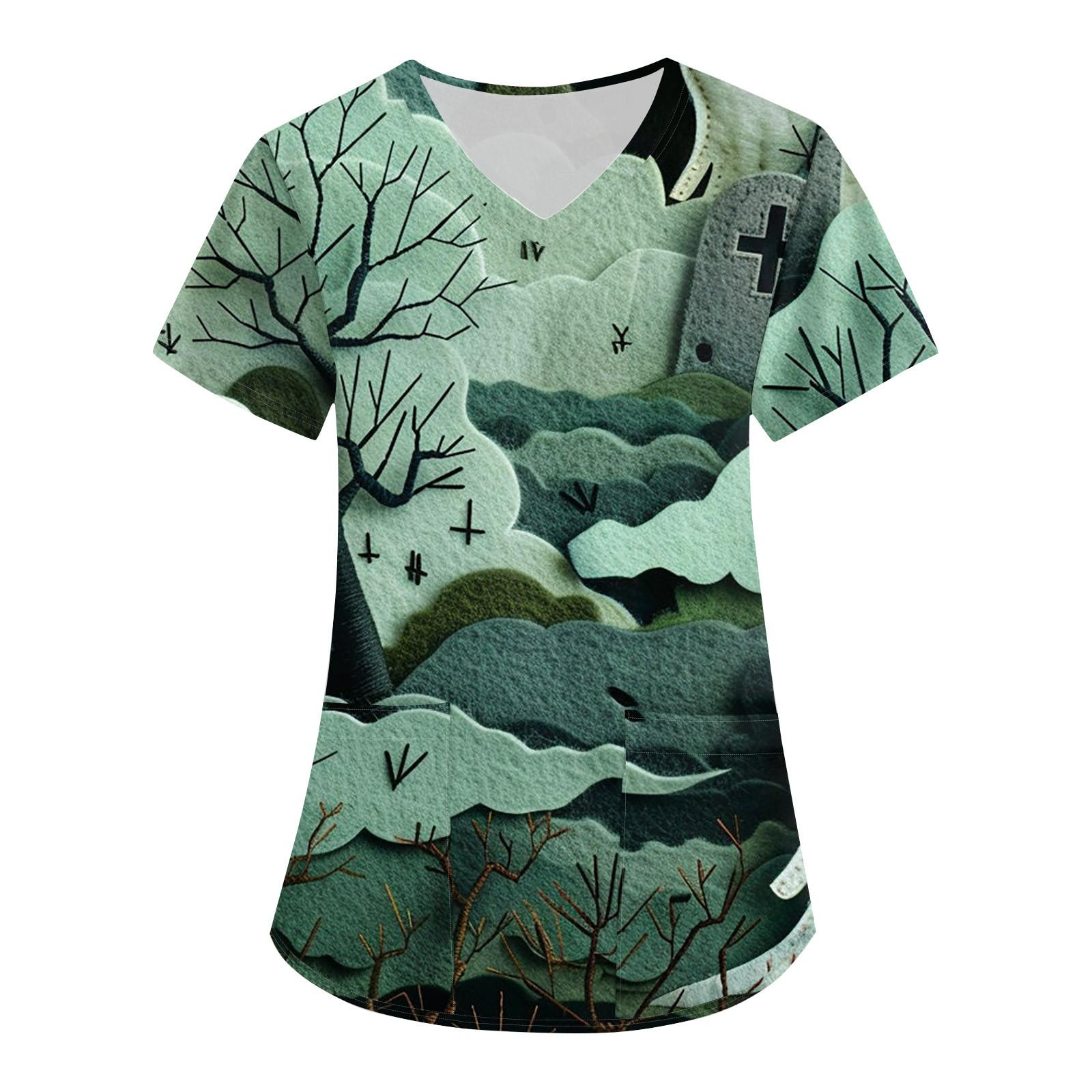 

Женская модная футболка с короткими рукавами и v-образным вырезом с пасхальным принтом, маленькая рабочая футболка с карманами M зелёный