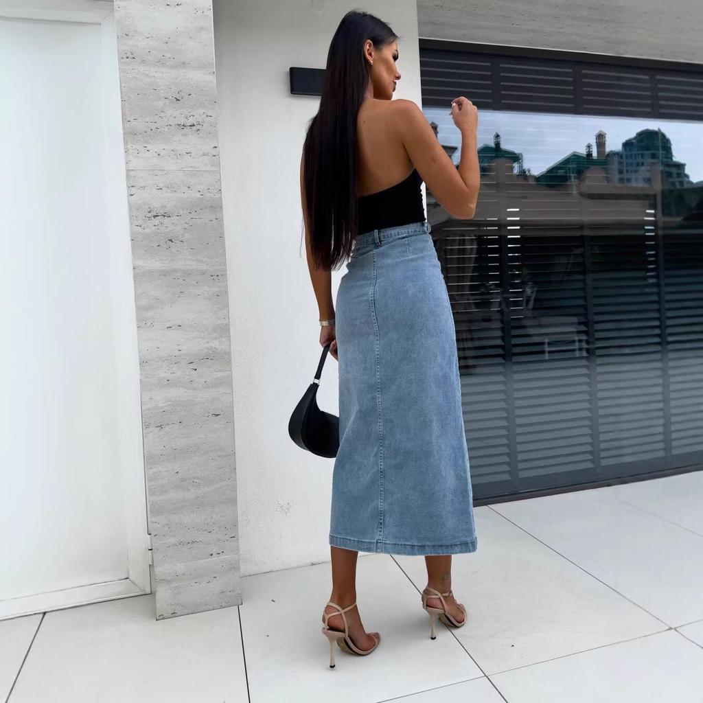 High Waist Sexy Slim Fit Denim Skirt with Button Slit for Women