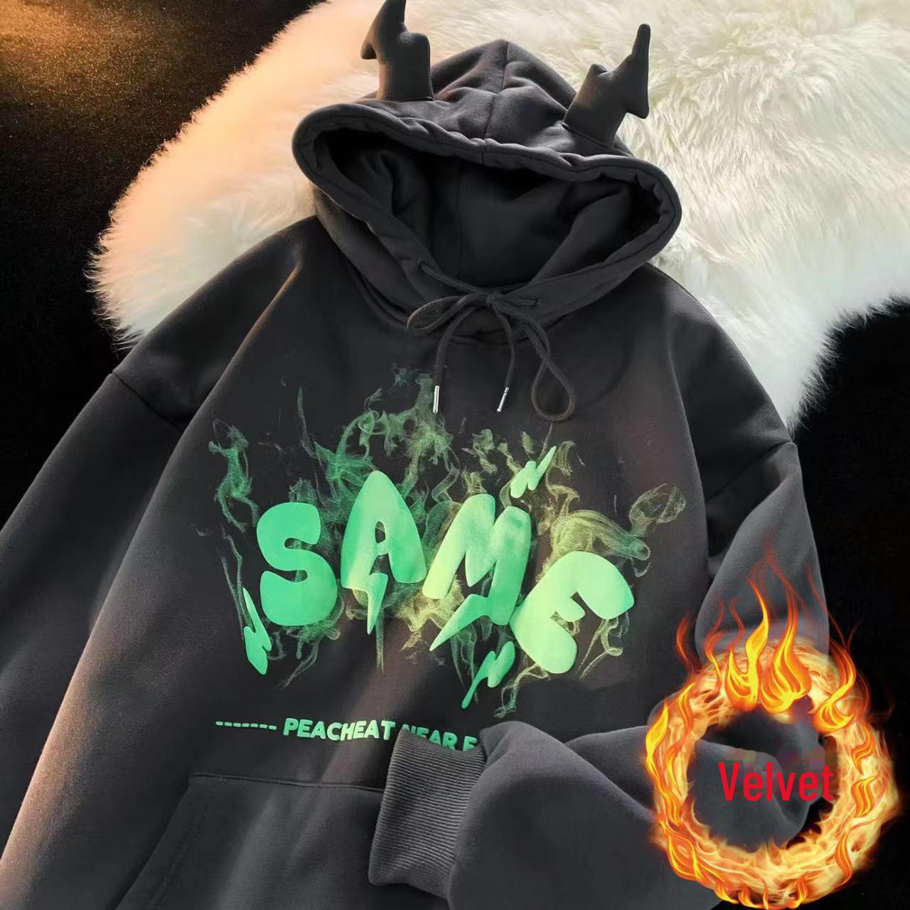 

Мужская новинка осень/зима ретро хип-хоп Little Devil с капюшоном - свободный крой, куртка из плотного бархата XL