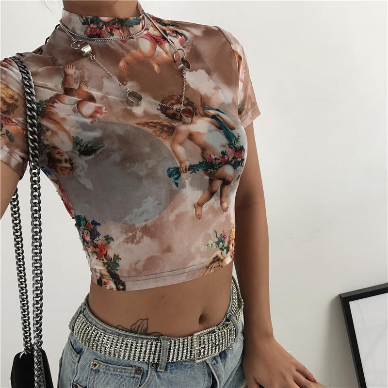 Sexy Lady Summer Cupid Print Mesh See Through Crop Top Slim Short Sleeve T-shirt