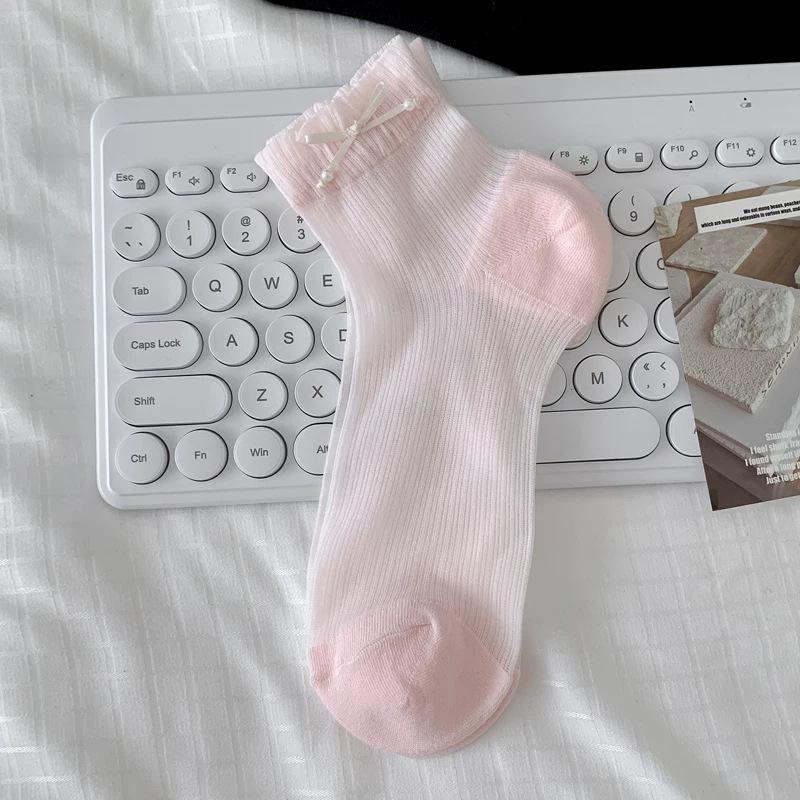 Thin Boneless Short Stockings Sweat-Absorbing Cotton Bottom Breathable Mesh Mid-Tube Socks Ice Silk Short Socks White Bow Jk Socks