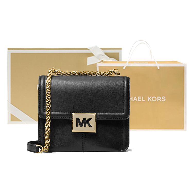 Michael Kors MK Sonia Kleine Kette Leder Unifarbene Klappe Großes Logo Leder Schulter Crossbody Tasche Damen Taschen Schwarz 35F1G6SS5L-001