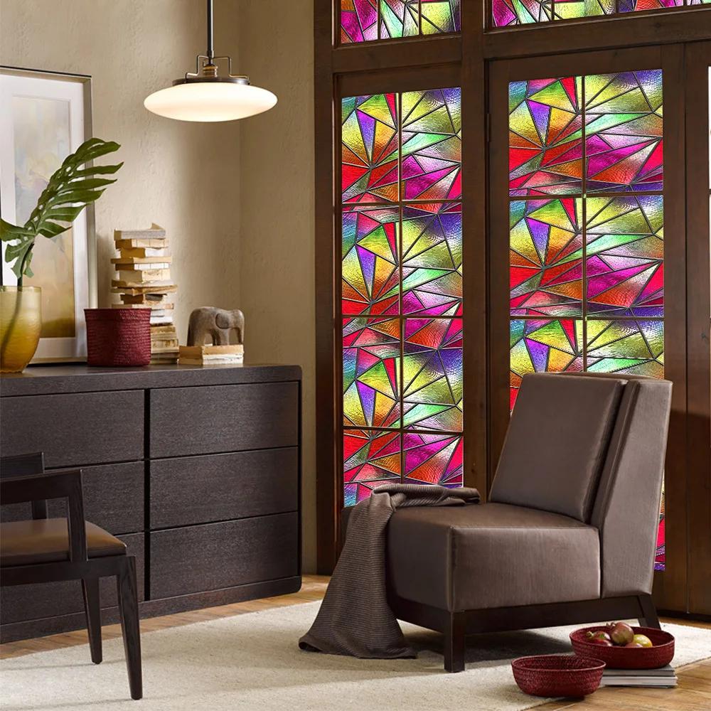 Colorful Stained Glass Window Film Retro Flowers Pattern Non-adhesive Window Decals Static Clings Non-Adhesive Window Stickers