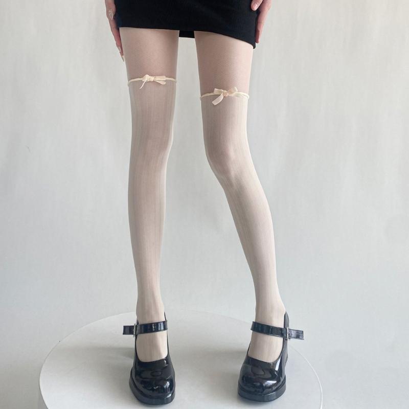 Women Contrast Sheer Mesh Splicing Pantyhose Fake Thigh High Stockings Elegant Ruffle Trim Bowknot Silk Tights Leggings