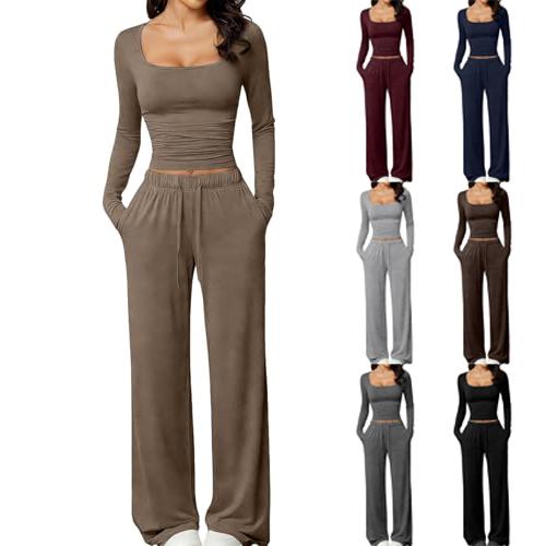 Women's Color Two Piece Outfit Square Neck Long Sleeve Top and Elastic Waist Pants with Pockets