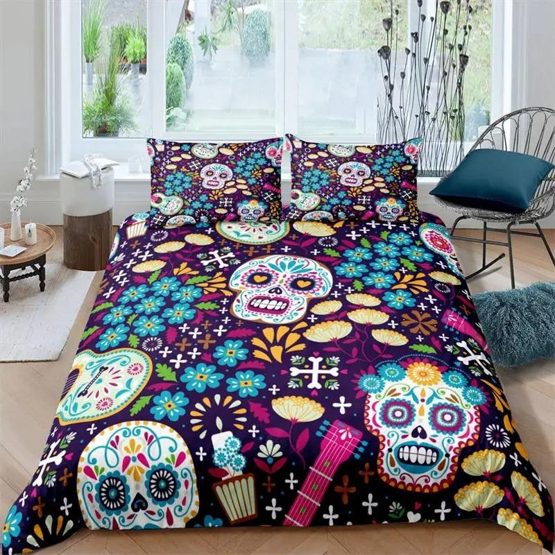

Пододеяльник с изображением сахарного черепа, роскошный комплект постельного белья с изображением скелета в готическом стиле на тему Хэллоуина, цветочное одеяло, двойной комплект для девочек, детей и подростков 70x133cm 2pcs