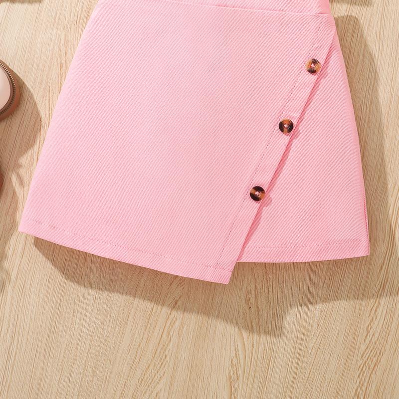 Children's Clothing Summer 4-7Y Short-sleeved New Square Neck Short-sleeved Top + Short Skirt Girls 2pcs Suit