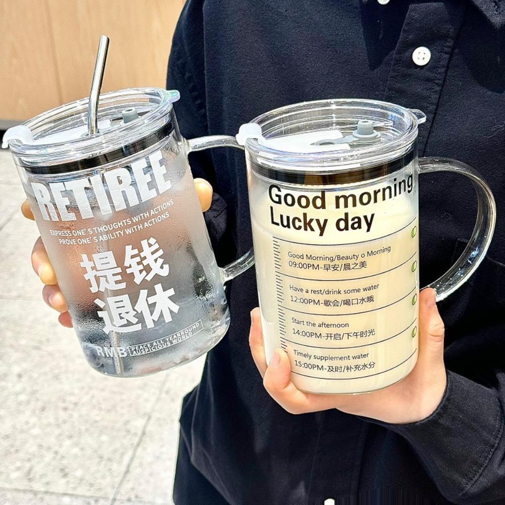 With Lid Scale Water Cup 1000ml Large Capacity Breakfast Cup Gift Straw Glass Cup Home Office