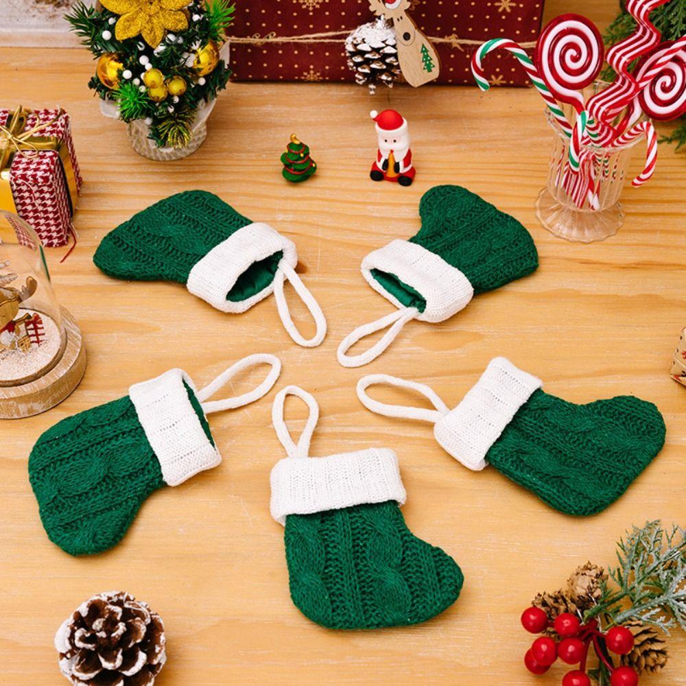 

Mini Christmas Knitted Green Sock Red/Green Xmas Tree Gift Bag Home зелёный