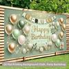 2D Sage Green Gold Happy Birthday Backdrop Banner, 8x6ft Party Background