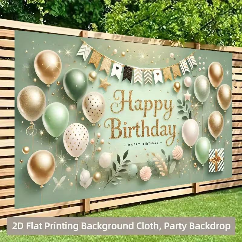 2D Sage Green Gold Happy Birthday Backdrop Banner, 8x6ft Party Background