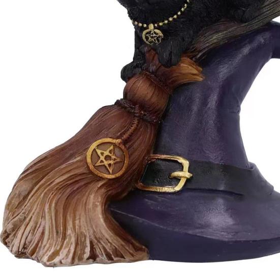 Halloween Black Cat Decoration Evil Black Cat on Magic Broom Resin Cat Statue with Hat Tabletop Ornament for Indoor Home Desktop Decor