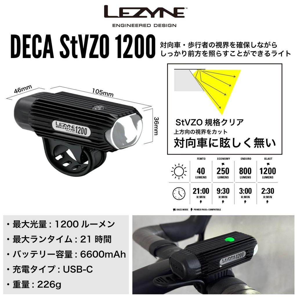 LEZYNE DECA STVZO 1200 Bicycle Front 1200 Blocks Upward Light To Avoid Dazzling Oncoming Black Japanese Light, Lumens, Vehicles, [Official Product]