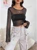 2024 Summer Women's Sequin Mesh See-Through Long-Sleeve Round Neck Casual Top